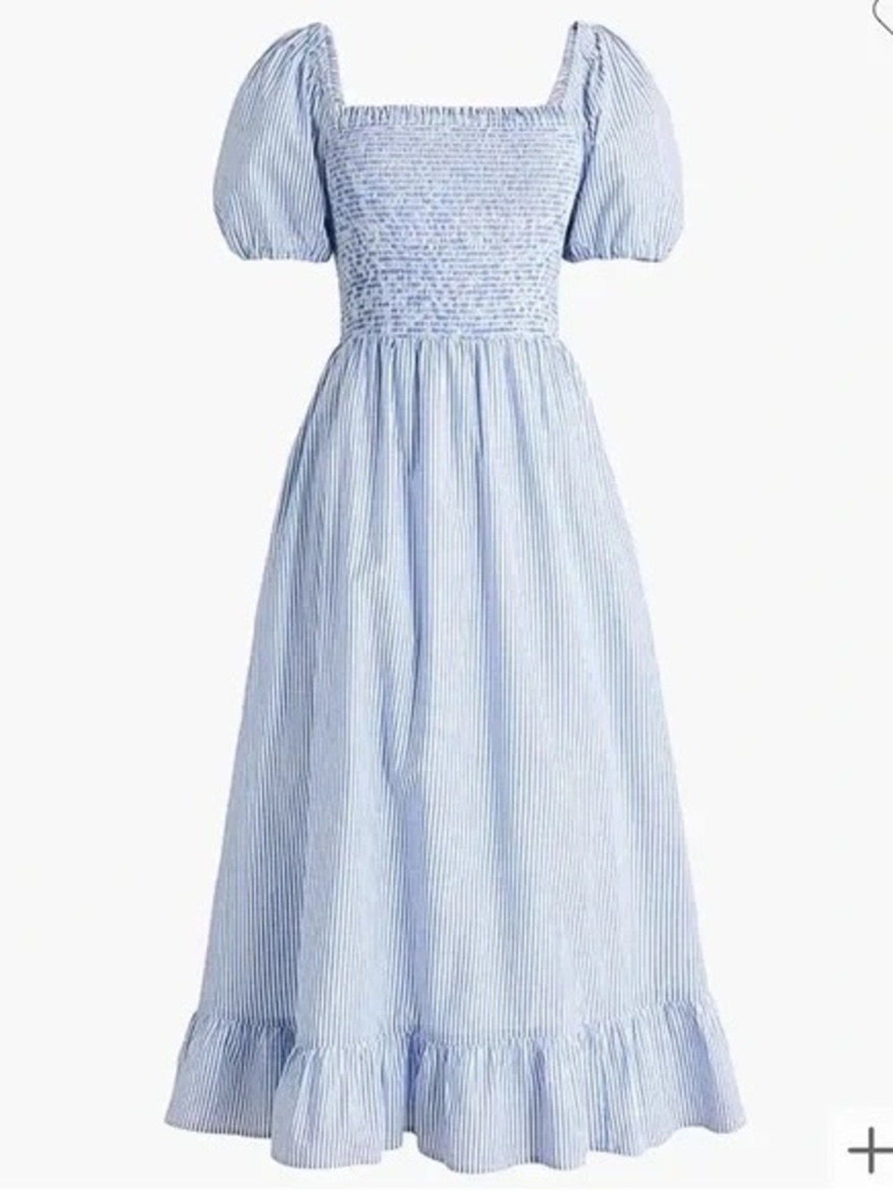 J. Crew Factory Blue and White Striped Smocked Midi Dress